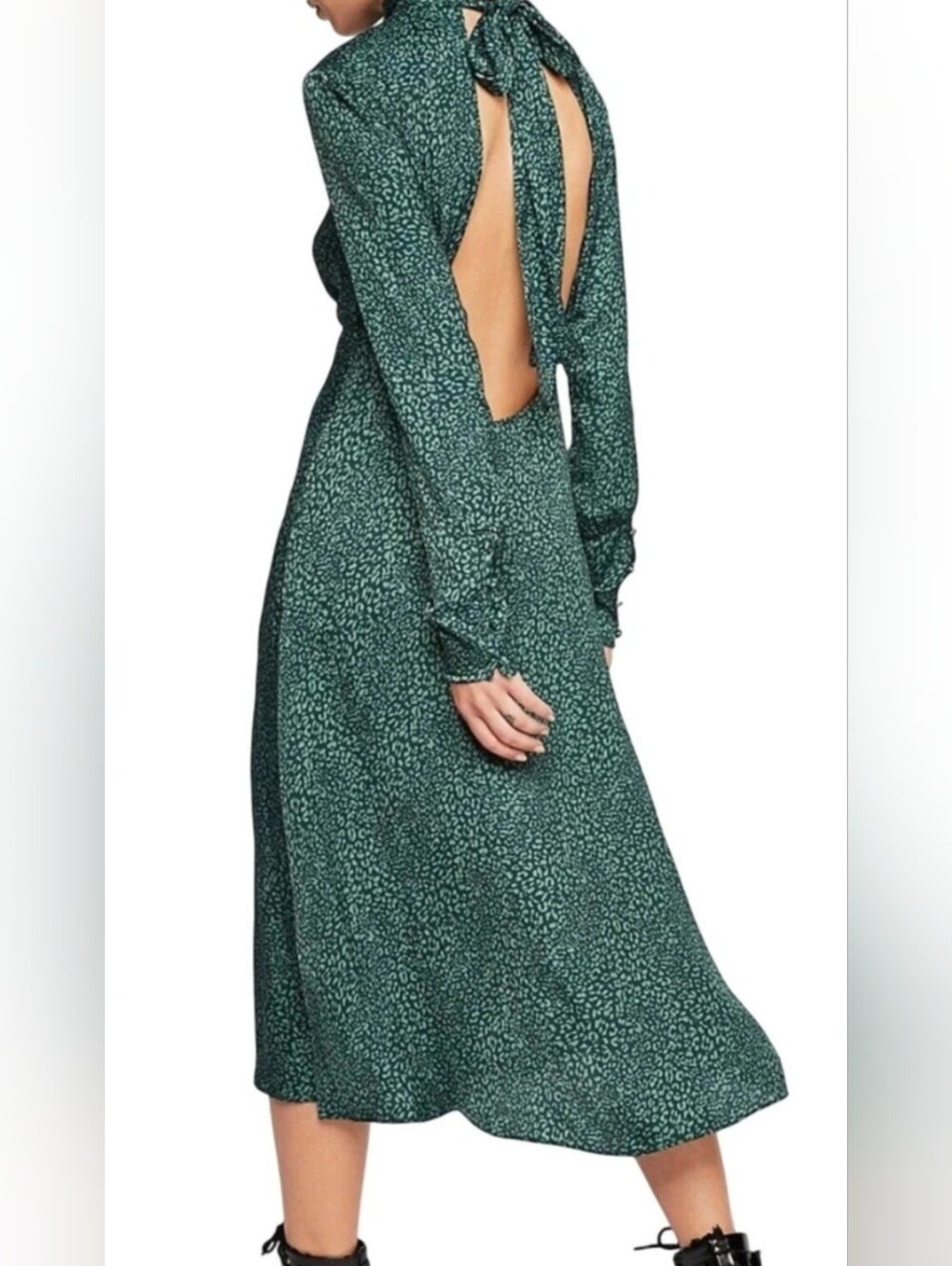 Free People Loveless Green Printed Open-Back Tie-Neck Midi Dress